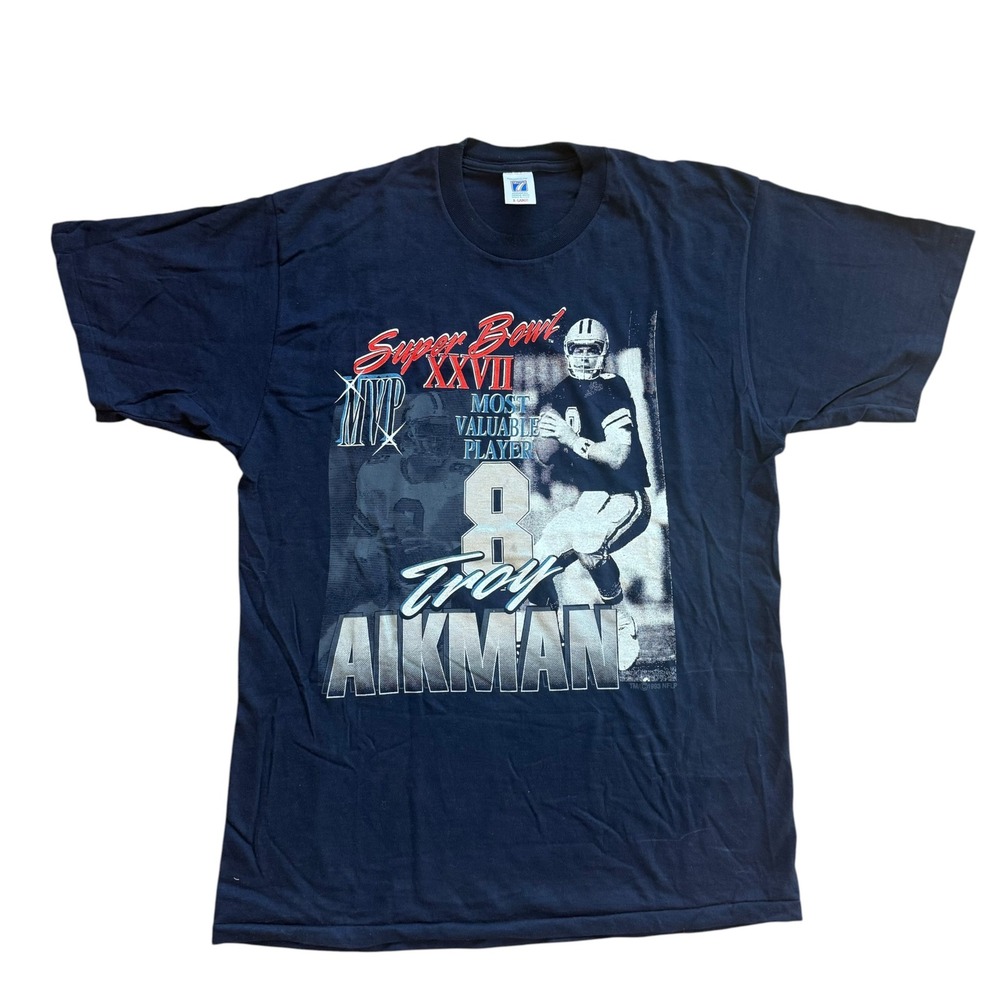Vintage 1993 Troy Aikman Dallas Cowboys Super Bowl XXVII MVP Shirt Logo 7 XL
